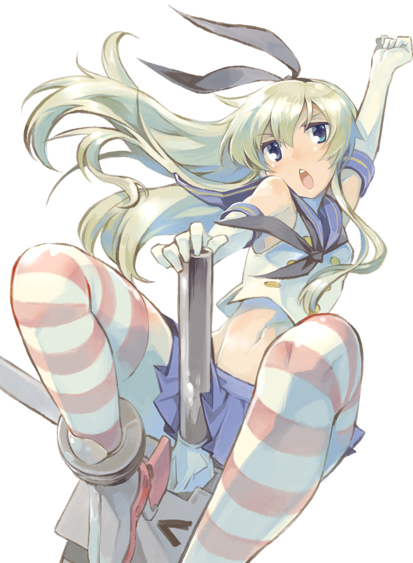&gt;_&lt; 1girl absurdres arm_up bare_shoulders black_panties blonde_hair blue_eyes elbow_gloves flat_chest gloves hair_ribbon highres kantai_collection long_hair navel nonco open_mouth panties personification rensouhou-chan ribbon sailor_collar shimakaze_(kantai_collection) sitting skirt solo striped striped_legwear thighhighs underwear white_gloves