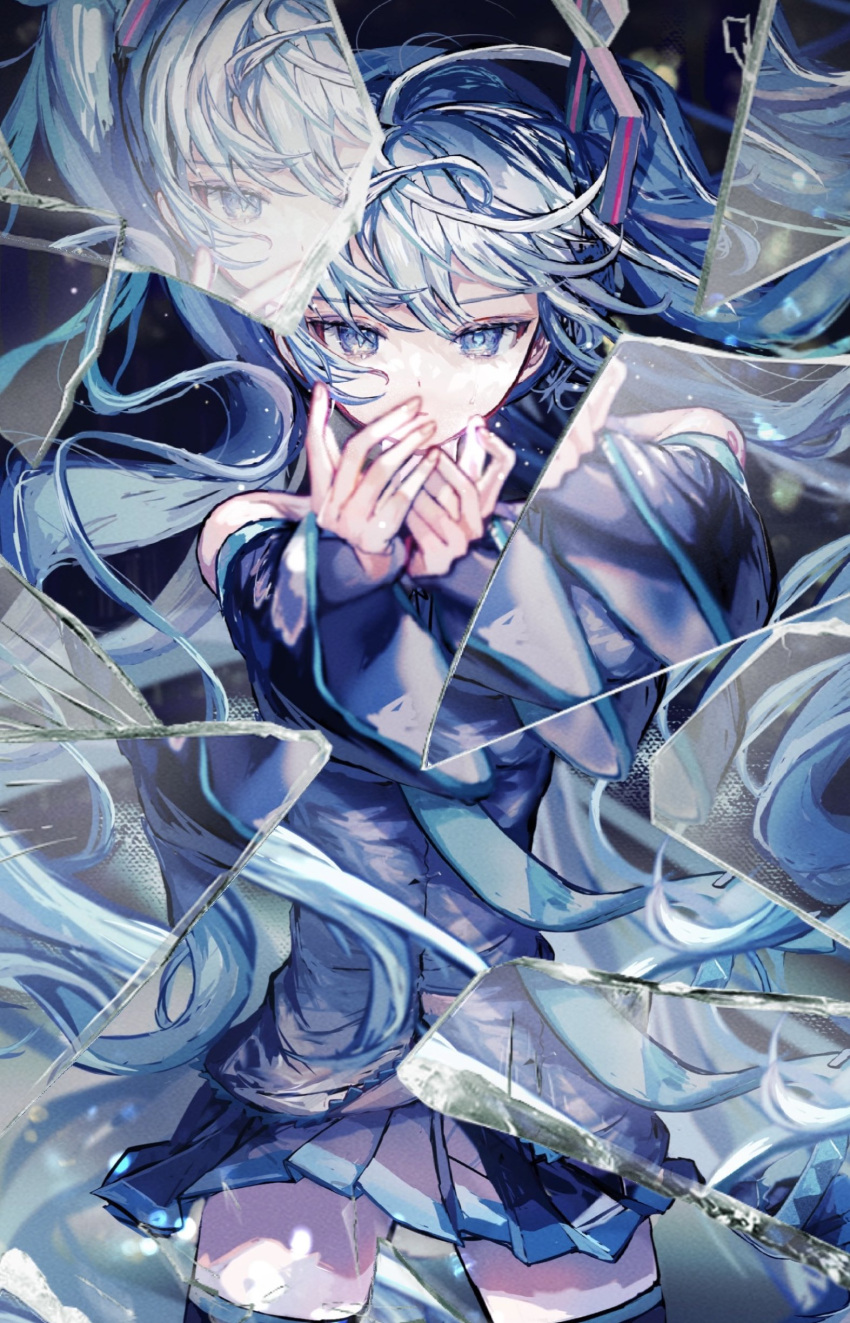 1girl absurdres aqua_eyes aqua_hair aqua_necktie aqua_trim arm_up armpit_crease bare_shoulders black_skirt black_sleeves blush boots breasts broken_glass collarbone collared_shirt commentary_request detached_sleeves fingernails glass grey_shirt hair_between_eyes hair_ornament hatsune_miku highres long_hair long_sleeves looking_at_viewer medium_breasts miniskirt necktie open_mouth pipi_(pipinavigation) pleated_skirt shirt skirt solo twintails upper_body very_long_hair vocaloid wide_sleeves