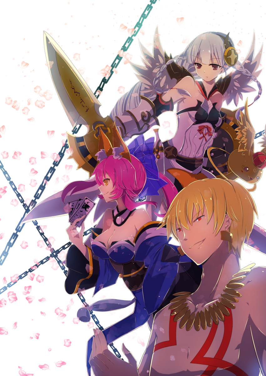 1boy 2girls absurdres animal_ears armor bare_shoulders blonde_hair bow breasts caster_(fate/extra) chain cleavage crossover detached_sleeves fate/extra fate/extra_ccc fate_(series) fox_ears fox_tail gilgamesh hair_bow hair_ornament highres kommode large_breasts long_hair multiple_girls pink_hair puzzle_&amp;_dragons red_eyes silver_hair sword tail tattoo twintails valkyrie valkyrie_(p&amp;d) very_long_hair weapon wings yellow_eyes