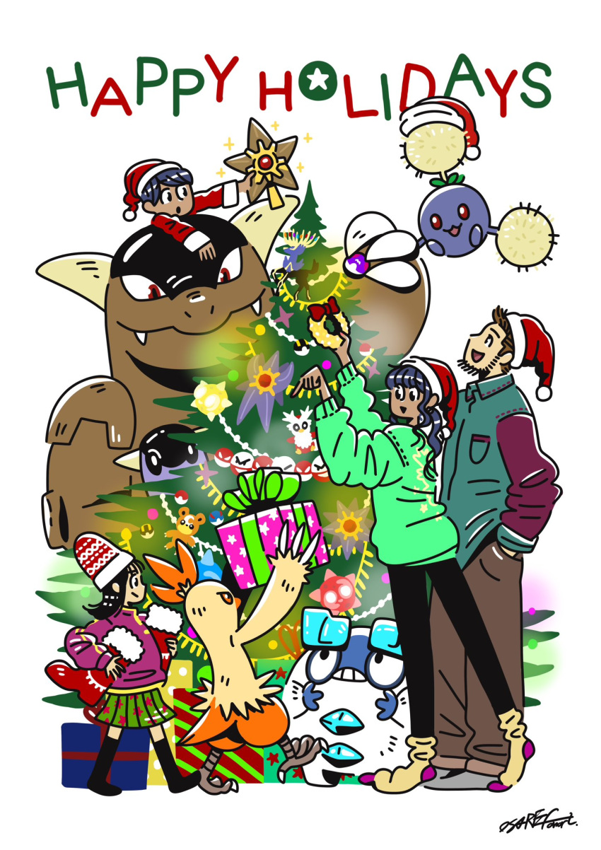 2boys 2girls :3 aqua_shirt beard black_pants blue_hair boots bow box brown_hair brown_pants character_ornament child christmas christmas_lights christmas_ornaments christmas_present christmas_sweater christmas_tree christmas_wreath closed_mouth clothed_pokemon collared_shirt combusken commentary dark-skinned_female dark-skinned_male dark_skin decorating_christmas_tree delibird electrode_(pokemon) english_text facial_hair fangs galarian_darumaka gift gift_box great_ball green_skirt green_sweater hand_in_pocket happy_holidays hat highres holding holding_boots holding_box holding_gift holding_unworn_clothes holding_wreath jumpluff kangaskhan long_hair looking_up loose_socks master_ball mega_starmie minior minior_(core) minior_(indigo_core) minior_(red_core) multiple_boys multiple_girls no_shoes nostrils official_artist_extra open_mouth osare_graffiti pants poke_ball poke_ball_(basic) poke_ball_theme pokemon pokemon_(creature) purple_sweater red_boots red_bow red_eyes red_hat santa_hat shirt short_hair signature simple_background skirt smile socks sparkle standing star_(symbol) starmie staryu sweater teddiursa teeth themed_object tree-topper ultra_ball untranslatable_commentary unworn_boots voltorb white_background wreath xerneas yellow_socks
