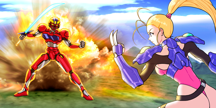 1boy 1girl armor ass battle blonde_hair blue_eyes breastplate breasts claw_(weapon) claws clenched_hand danzaiver energy_sword erel_(eretzvaju) eretzvaju fighting fighting_game full_armor gauntlets gloves glowing glowing_eyes glowing_sword glowing_weapon helmet highleg highres jiggeh leotard long_hair pauldrons ponytail power_armor red_armor red_helmet shoulder_armor sword t-back thong tokusatsu weapon
