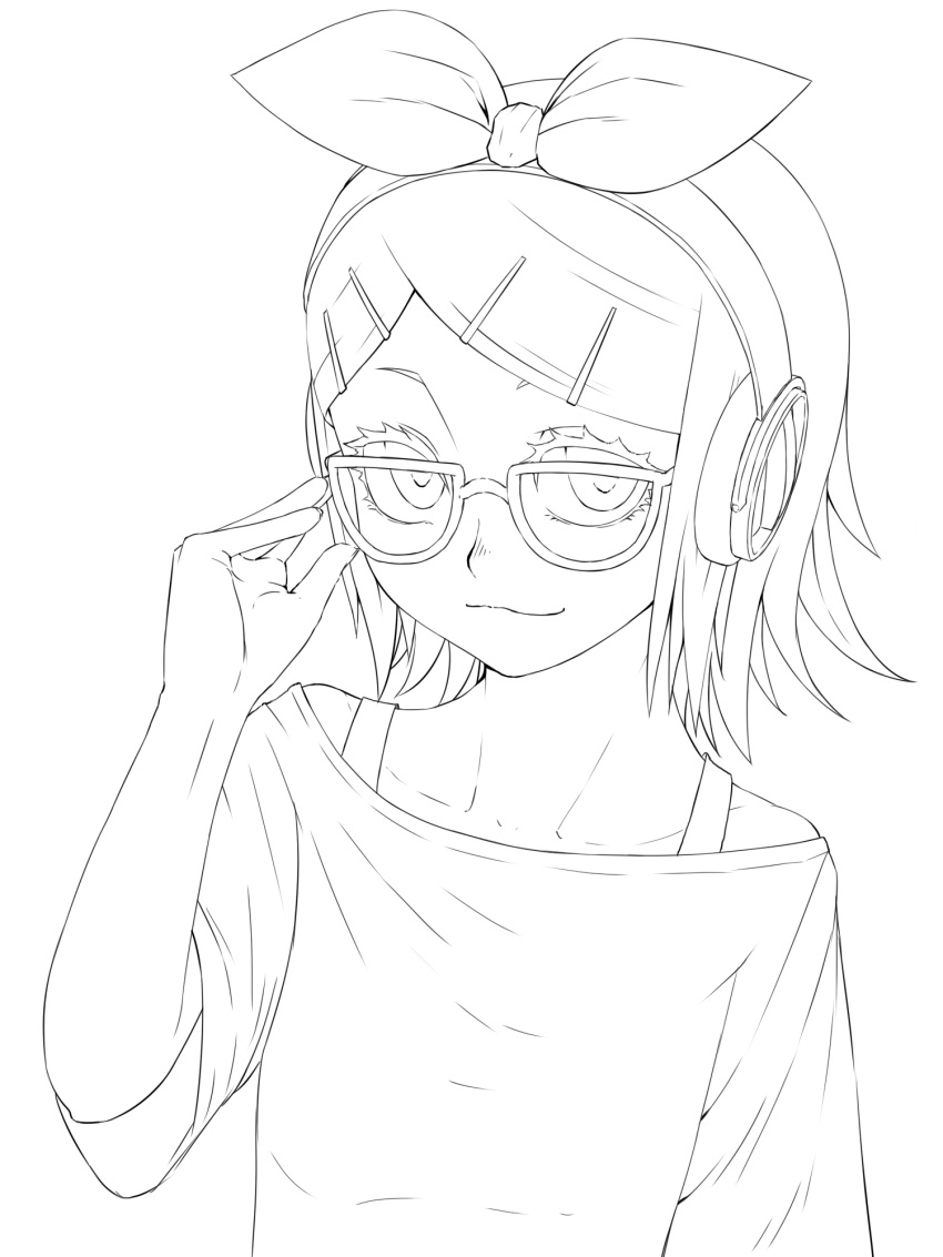 1girl bare_shoulders bespectacled glasses hair_ornament hair_ribbon hairclip headphones highres jaco kagamine_rin lineart looking_at_viewer monochrome ribbon short_hair smile solo vocaloid