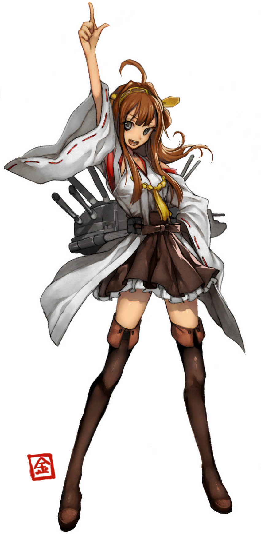 1girl bare_shoulders black_legwear boots breasts brown_hair cannon detached_sleeves double_bun hair_ornament hairband headgear highres japanese_clothes kantai_collection kazutani_ninshi kongou_(kantai_collection) long_hair miko personification skirt smile solo thigh-highs thigh_boots turret