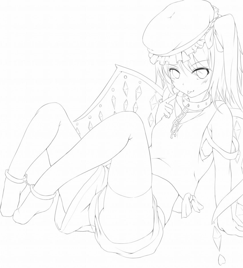 1girl alternate_costume blush collar crop_top crop_top_overhang crystal cuffs flandre_scarlet handcuffs hat highres lineart monochrome off_shoulder ratsuku_kinoko short_hair shorts side_ponytail solo tank_top thigh-highs tongue touhou wings
