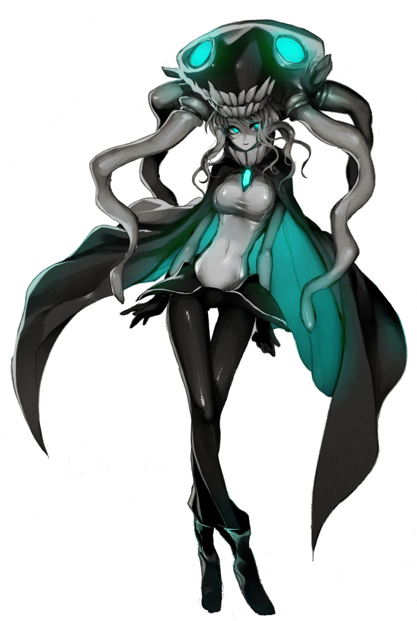 1girl absurdres aqua_eyes black_gloves bodysuit breasts cape clothed_navel crossed_legs_(standing) gem gloves glowing glowing_eyes grey_skin headgear highres kantai_collection kazutani_ninshi large_breasts monster pantyhose personification shinkaisei-kan solo taut_clothes tentacles thigh_gap wo-class_aircraft_carrier