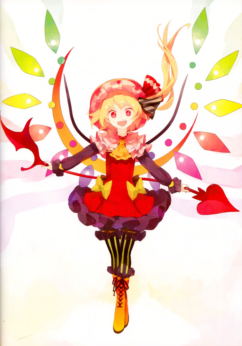 1girl absurdres alternate_costume ascot blonde_hair boots bow crescent crystal dress fangs flandre_scarlet frills full_body hair_ribbon hat hat_ribbon highres laevatein long_sleeves looking_at_viewer open_mouth ponytail red_dress red_eyes ribbon scan shihou_(g-o-s) short_hair side_ponytail smile solo thigh-highs touhou weapon wings