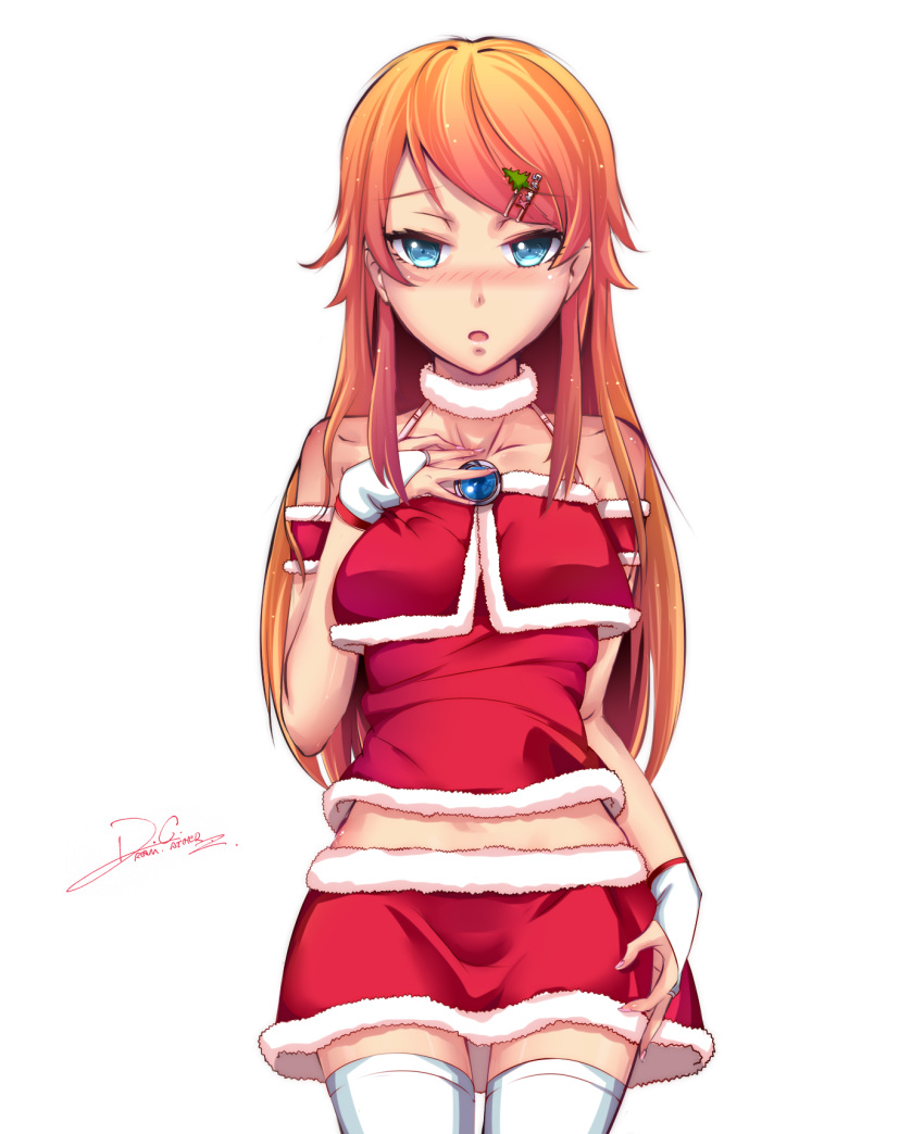 1girl blue_eyes blush christmas costume dreamcatcher highres kousaka_kirino long_hair looking_at_viewer midriff orange_hair ore_no_imouto_ga_konna_ni_kawaii_wake_ga_nai signature solo thighhighs transparent_background white_legwear