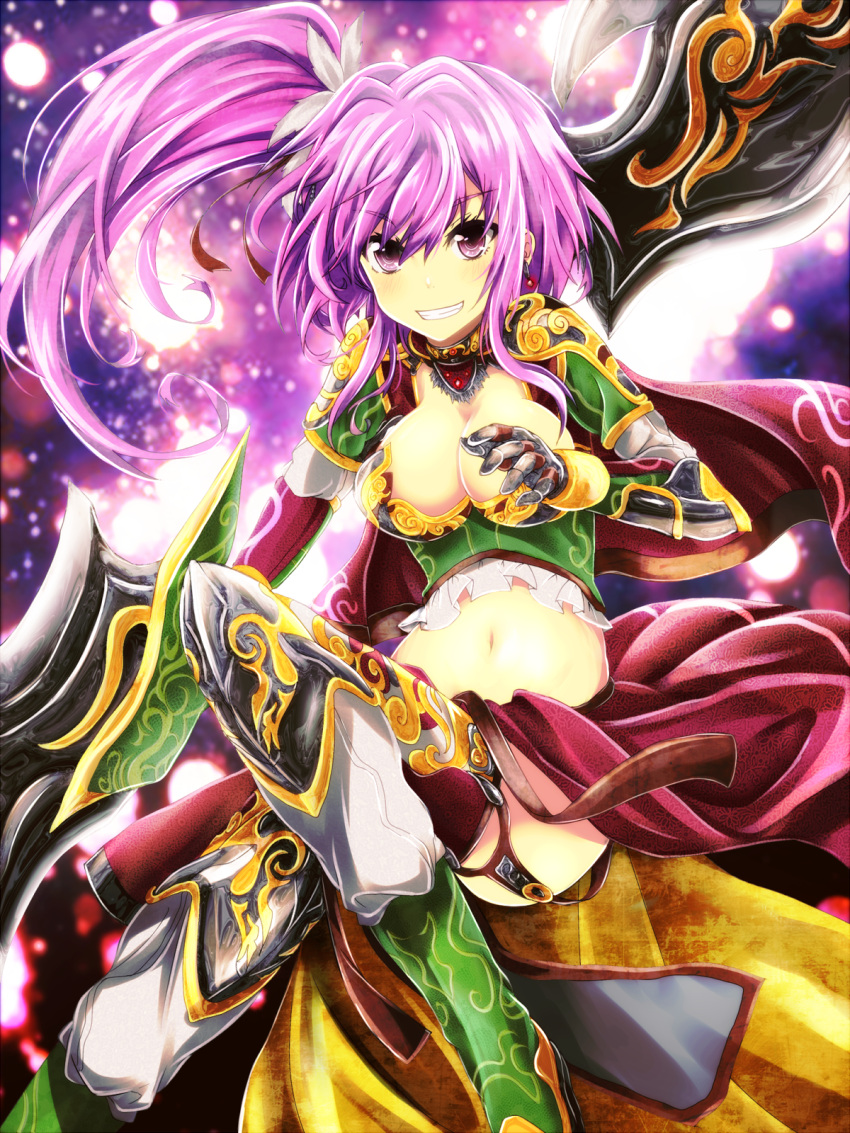 armor boots breasts cape cleavage feathers garter_straps highres large_breasts long_hair midriff navel original pink_hair side_ponytail tom_(drpow)