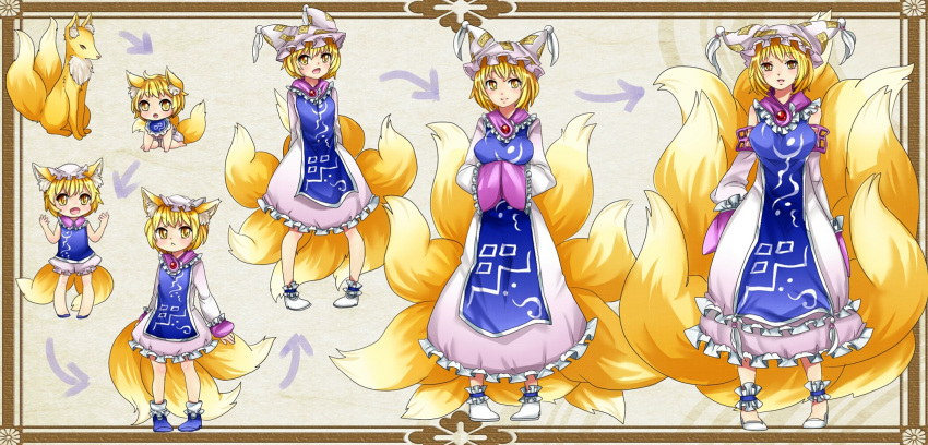 1girl adapted_costume age_progression animal_ears arms_behind_head baby blonde_hair breasts child detail dress fox fox_ears fox_tail frame hands_in_sleeves hat hat_with_ears highres ibarashiro_natou large_breasts long_sleeves looking_at_viewer multiple_tails older open_mouth sleeveless sleeveless_dress smile solo tabard tail teenage touhou yakumo_ran yellow_eyes