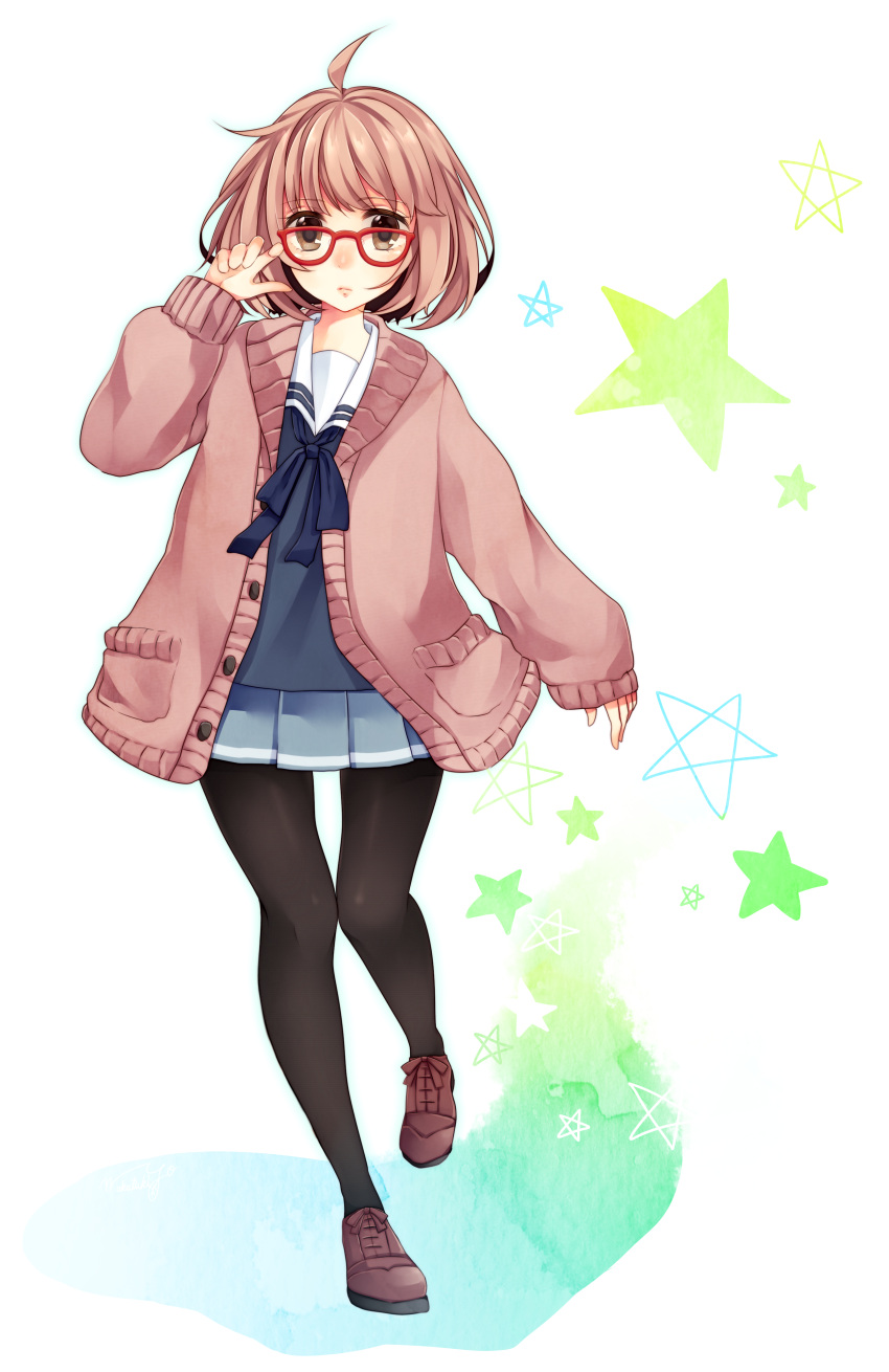 absurdres ahoge brown_eyes brown_hair cardigan glasses highres kuriyama_mirai kyoukai_no_kanata loafers pantyhose school_uniform shoes short_hair skirt sleeves_past_wrists wakatsuki_you