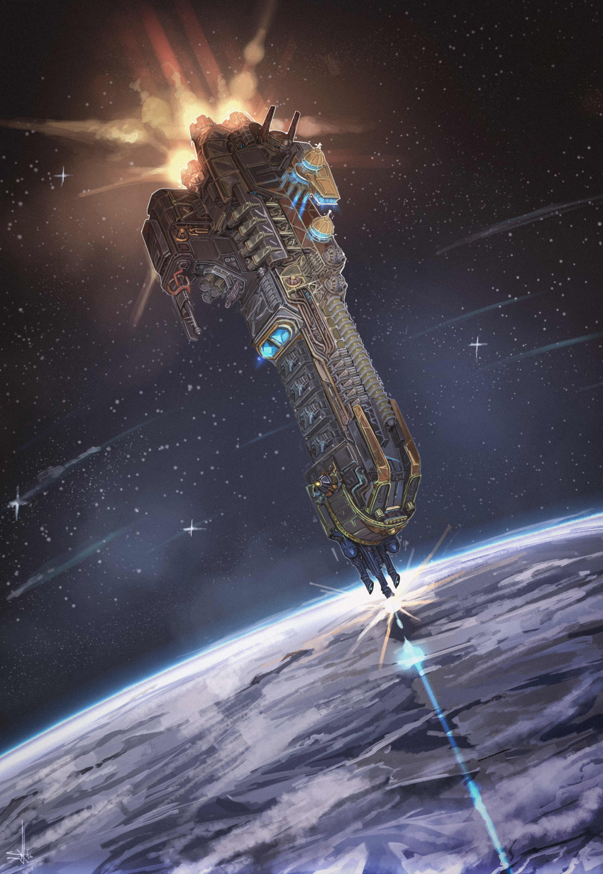 absurdres commentary energy_cannon firing flying glowing highres in_orbit nictanova no_humans orbital_strike planet science_fiction space spacecraft spacecraft_turret star_(sky) thrusters vehicle_focus warhammer_40k