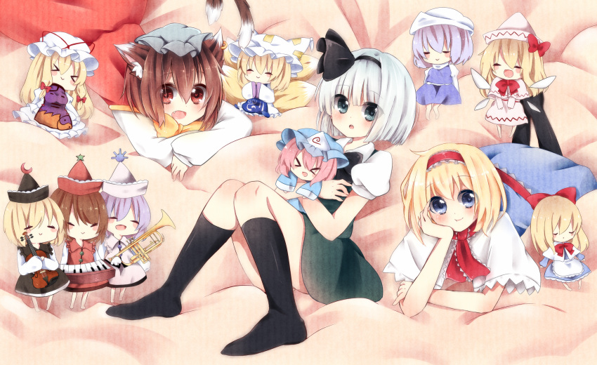 &gt;_&lt; 6+girls :p alice_margatroid animal_ears black_legwear blonde_hair blue_hair blush bow brown_hair capelet cat_ears cat_tail chen chibi dress earrings fang fox_tail hair_bow hairband hands_in_sleeves hat head_rest heart heart-shaped_pupils highres instrument jewelry keyboard_(instrument) konpaku_youmu letty_whiterock lily_white long_sleeves looking_at_viewer lunasa_prismriver lying lyrica_prismriver merlin_prismriver mitoki_6x6 multiple_girls multiple_tails on_stomach open_mouth perfect_cherry_blossom pink_hair red_eyes ribbon saigyouji_yuyuko shanghai_doll short_hair silver_hair sitting skirt smile socks symbol-shaped_pupils tail tongue touhou trumpet violin widescreen yakumo_ran yakumo_yukari