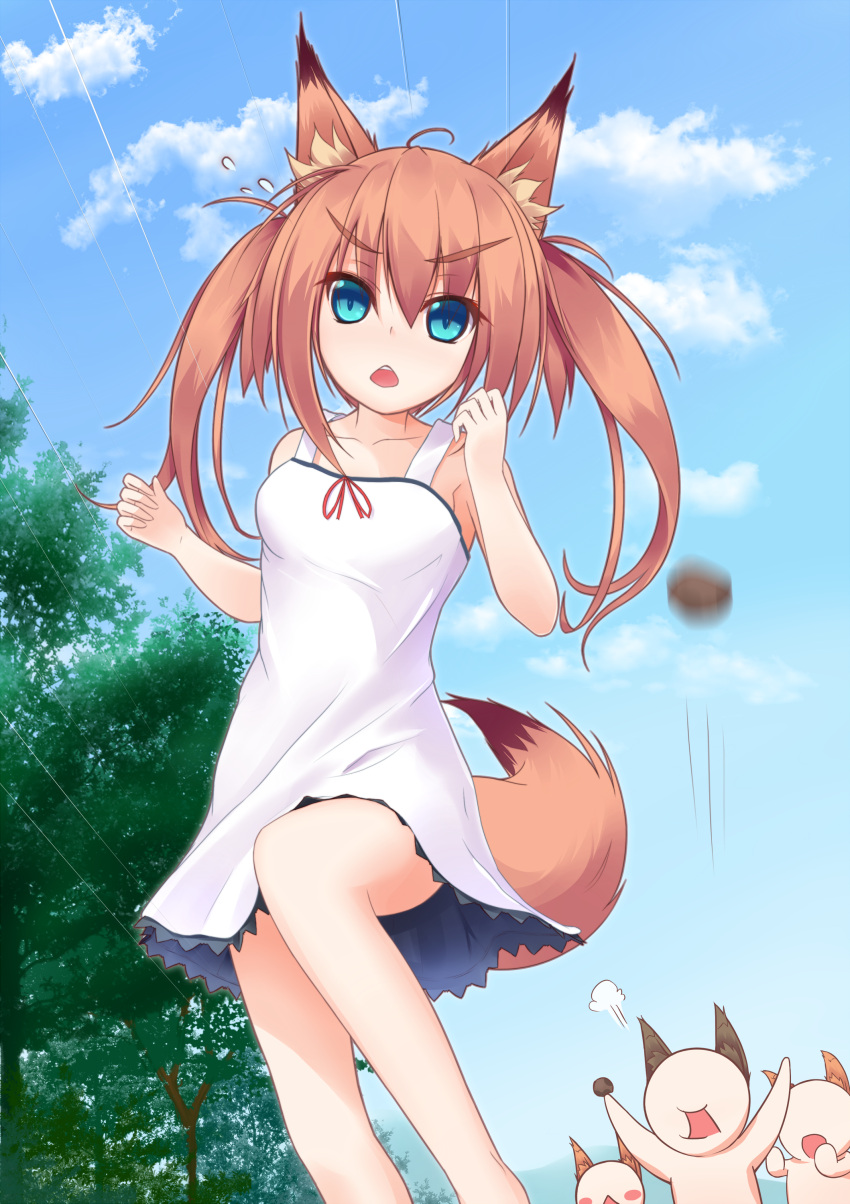 1girl absurdres animal_ears blue_eyes colored fox_ears fox_tail highres k-asul long_hair looking_at_viewer open_mouth original sky tail twintails