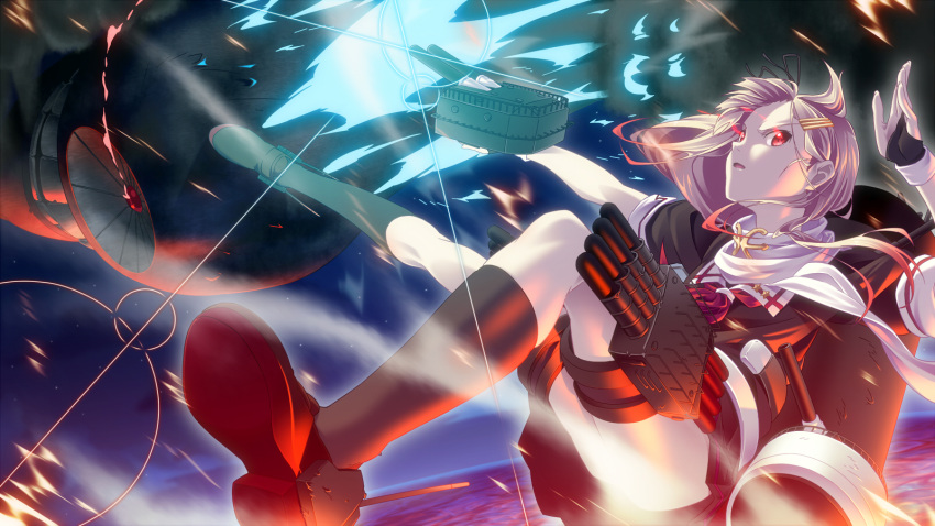 1girl explosion fingerless_gloves fire gloves glowing glowing_eyes hair_ornament hair_ribbon hairclip highres kantai_collection komakedara long_hair machinery open_mouth personification red_eyes redhead ribbon solo turret yuudachi_(kantai_collection)
