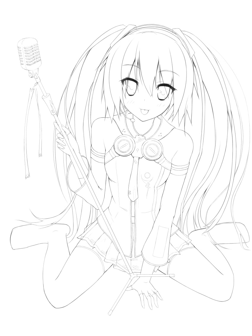 1girl :p absurdres boots detached_sleeves fingerless_gloves freely_tomorrow_(vocaloid) gloves hatsune_miku headset highres k-asul lineart long_hair looking_at_viewer microphone microphone_stand monochrome necktie project_diva_f sitting skirt solo thigh_boots thighhighs tongue twintails very_long_hair vocaloid wariza