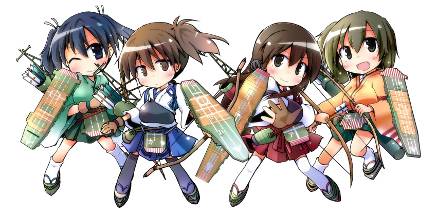 4girls akagi_(kantai_collection) armor arrow black_eyes black_hair bow_(weapon) brown_eyes brown_hair chibi gloves highres hiryuu_(kantai_collection) japanese_clothes kaga_(kantai_collection) kantai_collection long_hair looking_at_viewer machinery multiple_girls muneate open_mouth personification ponytail quiver sandals side_ponytail smile socks souryuu_(kantai_collection) thighhighs twintails weapon wink yuuhi_alpha