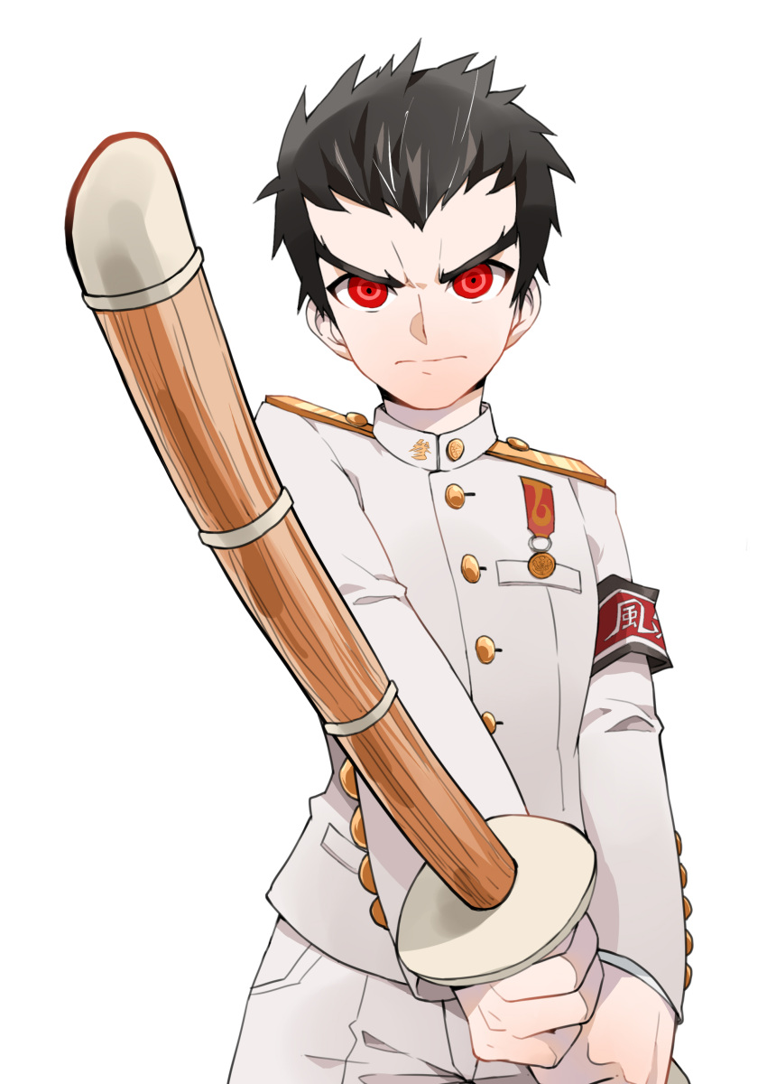 1boy absurdres armband black_hair dangan_ronpa highres ishimaru_kiyotaka medal red_eyes short_hair solo uniform wooden_sword