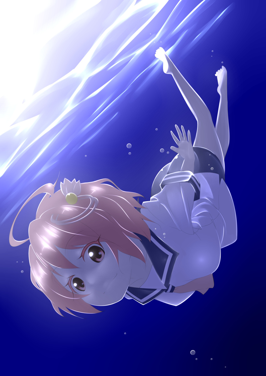 1girl absurdres bare_legs barefoot bubble diving freediving highres i-58_(kantai_collection) kantai_collection one-piece_swimsuit personification pink_hair req school_swimsuit school_uniform serafuku short_hair smile swimming swimsuit underwater water