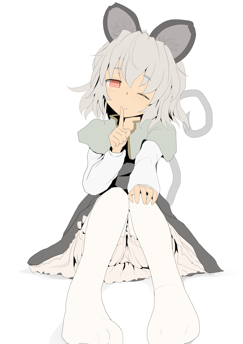 1girl absurdres animal_ears bloomers capelet finger_to_mouth grey_hair highres ishikkoro mouse_ears nazrin pantyhose red_eyes short_hair sitting smile solo tail touhou underwear white_legwear wink