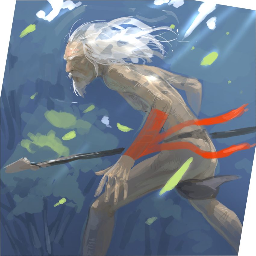 1boy arm_ribbon beard eyebrows facial_hair goatee highres hunting ladic loincloth long_hair mustache old_man polearm rough solo spear weapon white_hair