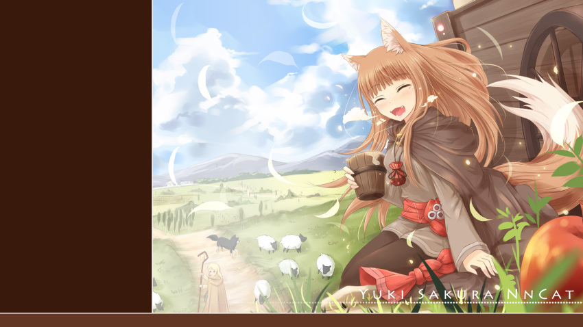 2girls animal_ears apple artist_name blonde_hair blush brown_hair cape cup dog drink enekk fang food fruit grass highres holo jewelry long_hair mountain multiple_girls necklace nncat nora_arento open_mouth outdoors pouch road sash sheep sky smile spice_and_wolf staff sunlight tail wagon wallpaper wind wolf_ears wolf_tail