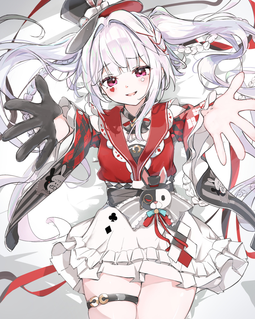 1girl black_choker black_gloves black_hat blush braid breasts butterfly-shaped_pupils center_frills choker clothing_cutout commentary_request cowboy_shot diamond_(shape) diamond_facial_mark diamond_on_cheek dress facial_mark frilled_dress frilled_sleeves frills from_above frown gloves hat hat_ornament heart heart_facial_mark heart_on_cheek highres honkai:_star_rail honkai_(series) long_hair looking_at_another looking_at_viewer mark_under_both_eyes mini_hat mini_top_hat multicolored_hair on_bed open_fifth_position_of_the_arms open_mouth outstretched_arms pink_eyes rabbit_ear_headwear rabbit_hat_ornament red_eyes red_shirt shirt shoulder_cutout shyaruru single_glove skirt smile solo sparkle_(honkai:_star_rail) sparxie_(honkai:_star_rail) spread_arms symbol-shaped_pupils thigh_strap thumbs_up_emoji top_hat twintails very_long_hair white_hair white_skirt