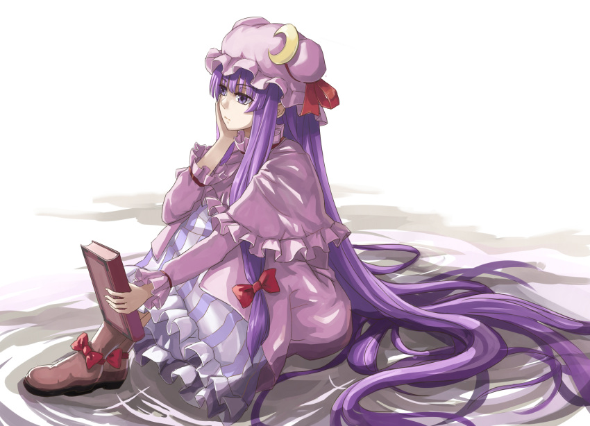 1girl book boots bow capelet crescent dress hair_ribbon hat head_rest highres long_hair mr.dark patchouli_knowledge purple_hair ribbon sitting solo touhou violet_eyes