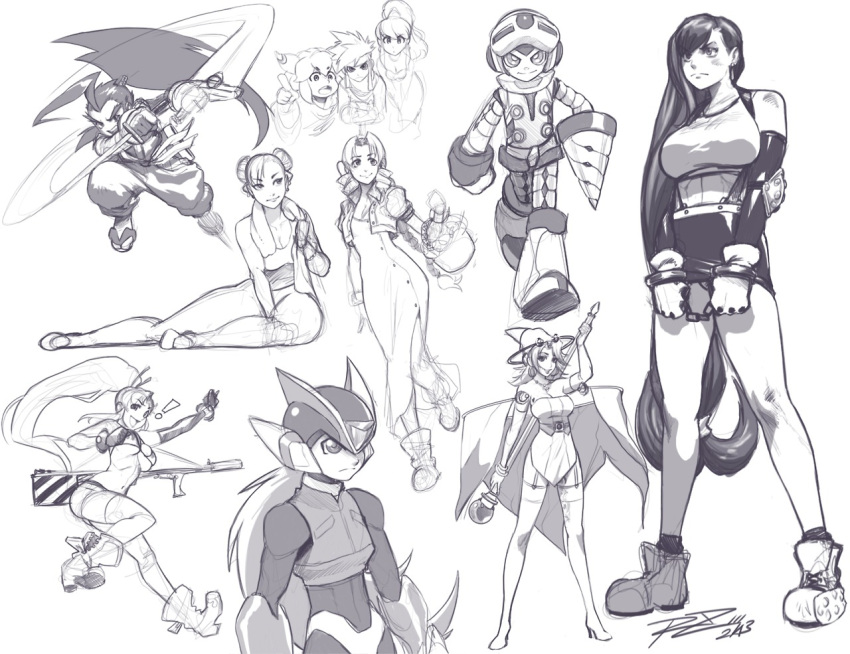 aerith_gainsborough ahoge anti-materiel_rifle basket beck_(mighty_no._9) bikini_top boots braid brave_fencer_musashiden breasts chun-li collage crossover cuffs drill final_fantasy final_fantasy_vii gun handcuffs hat huge_ahoge large_breasts long_hair mighty_no._9 miniskirt miyamoto_musashi monochrome ninja pencil_skirt ponytail popoie purim randi reverse_grip rifle robert_porter rockman seiken_densetsu seiken_densetsu_2 short_hair shorts signature sitting skirt sniper_rifle street_fighter suspenders tengen_toppa_gurren_lagann tifa_lockhart towel_around_neck under_boob weapon witch_hat yoko_littner yokozuwari zero_(rockman)