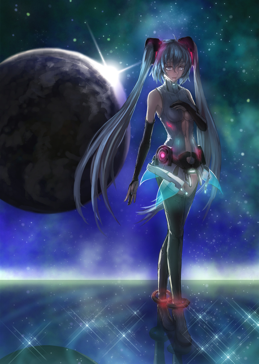 1girl boots bridal_gauntlets emi_hades hand_on_own_chest hatsune_miku high_heels highres long_hair miku_append planet solo thigh_boots thighhighs twintails very_long_hair vocaloid vocaloid_append