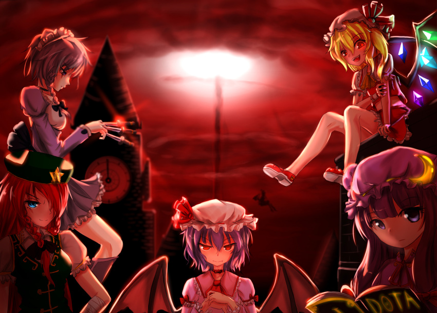 6+girls arm_holding ascot baiye_meng bandages bare_legs bat_wings between_fingers blonde_hair blouse blue_eyes book bow braid breasts clock clock_tower crescent expressionless fang flandre_scarlet hair_bow hair_over_one_eye hands_together hat hat_ribbon highres hong_meiling izayoi_sakuya knife koakuma lavender_hair light long_hair long_sleeves looking_at_viewer looking_down maid_headdress mary_janes mob_cap multiple_girls no_socks open_book open_mouth patchouli_knowledge profile purple_hair red_eyes red_sky redhead remilia_scarlet ribbon scarlet_devil_mansion shoes short_hair short_sleeves side_ponytail silver_hair sitting skirt skirt_set sky slit_pupils smile star touhou tower twin_braids vest violet_eyes wings wrist_cuffs