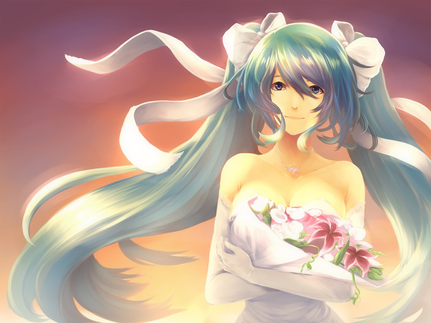 1girl aerlai aqua_hair bare_shoulders blue_eyes bouquet bow breasts cleavage crossed_arms dress elbow_gloves flower gloves hair_bow hair_ribbon jewelry large_breasts league_of_legends long_hair necklace ribbon smile solo sona_buvelle strapless_dress twintails very_long_hair wedding_dress white_dress white_gloves
