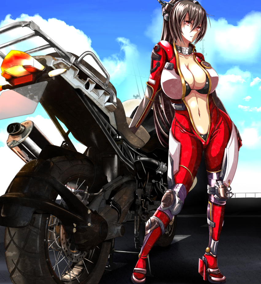 1girl bodysuit breasts brown_hair cleavage clouds collar collarbone hair_ornament hairband highres huge_breasts kantai_collection long_hair motor_vehicle motorcycle nagato_(kantai_collection) personification red_eyes sky solo traces vehicle