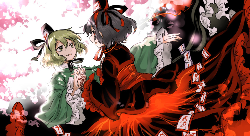 2girls alternate_color dress dual_persona eye_contact green_dress green_eyes green_hair grey_hair hat hat_ribbon holding_hands interlocked_fingers long_sleeves looking_at_another multiple_girls open_mouth red_dress red_eyes ribbon shigureru soga_no_tojiko spell_card tattoo touhou wide_sleeves
