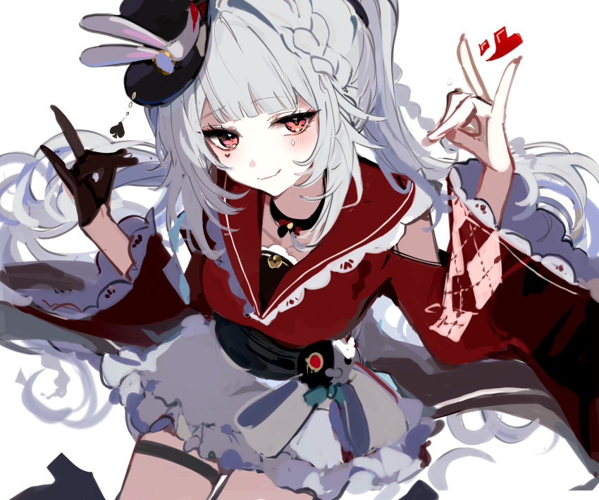1girl absurdres black_gloves black_hat braid clothing_cutout commentary_request diamond_(shape) diamond_facial_mark diamond_on_cheek double_fox_shadow_puppet facial_mark fox_shadow_puppet gloves hat hat_ornament heart heart_facial_mark heart_on_cheek highres honkai:_star_rail honkai_(series) long_hair looking_at_viewer magnet_8_8 mark_under_both_eyes mini_hat mini_top_hat multicolored_hair pink_eyes rabbit_ear_headwear rabbit_hat_ornament shoulder_cutout simple_background single_glove smile solo sparkle_(honkai:_star_rail) sparxie_(honkai:_star_rail) thigh_strap top_hat twintails very_long_hair white_background white_hair
