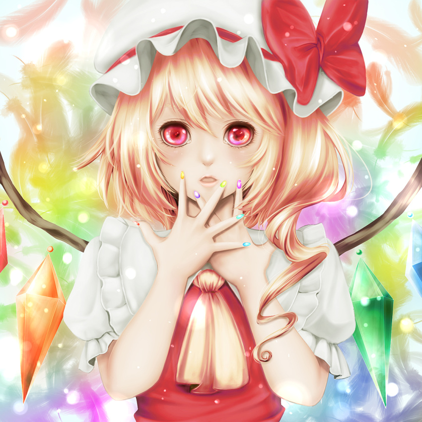1girl blonde_hair flandre_scarlet hat hat_ribbon manicure red_eyes ribbon side_ponytail solo touhou untsue wings