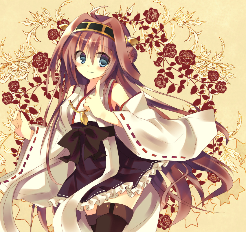 1girl bare_shoulders black_legwear blue_eyes blush boots breasts brown_background brown_hair detached_sleeves double_bun floral_background flower hair_ornament hairband headgear highres japanese_clothes kamioto_musu kantai_collection kongou_(kantai_collection) long_hair miko personification rose skirt smile solo thigh_boots thighhighs
