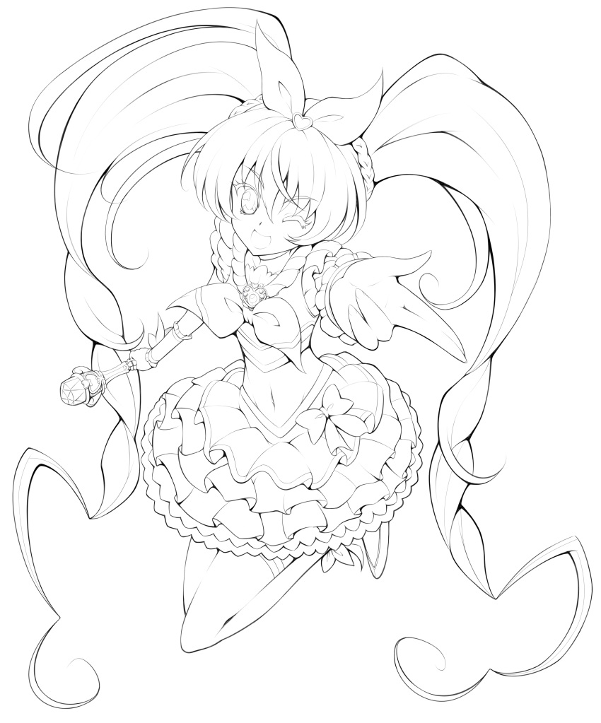 1girl ;d absurdres braid brooch choker cure_melody dress frills hair_ribbon happy heart highres houjou_hibiki isumi_(i-spixi) jewelry lineart long_hair looking_at_viewer midriff miracle_belltier monochrome navel open_mouth outstretched_hand precure ribbon smile solo suite_precure thigh-highs twintails wand wink
