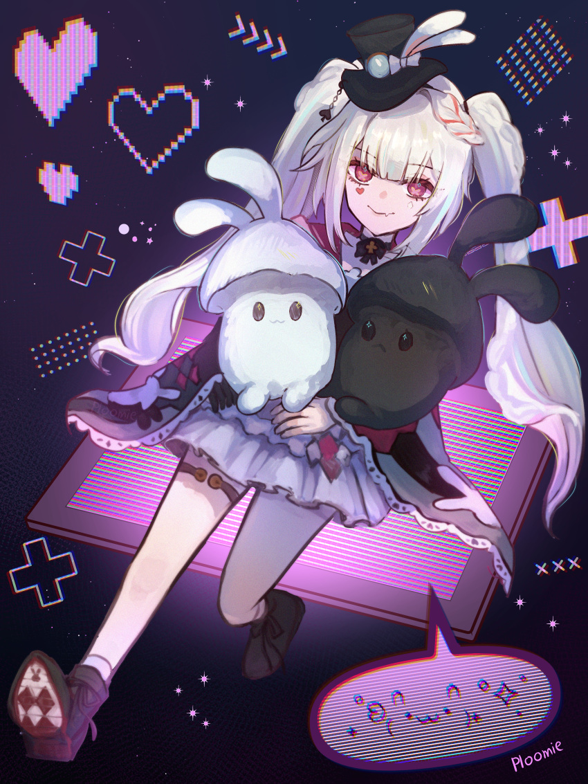 1girl absurdres artist_name bare_legs belt black_background black_belt black_choker black_gloves black_hat black_shoes black_sleeves blue_bow blush bow braid braided_sidelock breasts choker clothing_cutout club_(shape) collar commentary diamond_(shape) diamond_facial_mark diamond_on_cheek emoticon facial_mark fang frilled_bow frilled_collar frilled_skirt frilled_sleeves frills gloves grey_hair gugu hair_intakes hat hat_bow hat_ornament heart heart_facial_mark heart_on_cheek highres honkai:_star_rail honkai_(series) hugging_object kaomoji long_hair long_sleeves looking_at_viewer mark_under_both_eyes mini_hat mini_top_hat multicolored_hair open_mouth pink_eyes plaid_clothes plaid_sleeves ploomie poker rabbit_ear_headwear rabbit_hat_ornament red_eyes red_hair red_ribbon red_sleeves ribbon sailor_collar semi-rimless_eyewear shoe_soles shoes shoulder_cutout signature single_glove sitting skirt smile solo spade_(shape) sparkle_(honkai:_star_rail) sparxie_(honkai:_star_rail) speech_bubble streaked_hair supplicant_mask thigh_strap thumbs_up_emoji top_hat twintails very_long_hair white_hair white_skirt wide_sleeves