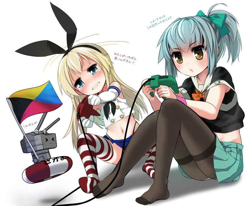 &gt;_&lt; 2girls black_panties blonde_hair bow crying crying_with_eyes_open hair_bow highres innertube kantai_collection kuro_chairo_no_neko multiple_girls nintendo_64 panties pantyhose personification pleated_skirt rensouhou-chan school_uniform serafuku shimakaze_(kantai_collection) short_ponytail skirt striped striped_legwear tears thighhighs underwear yuubari_(kantai_collection)