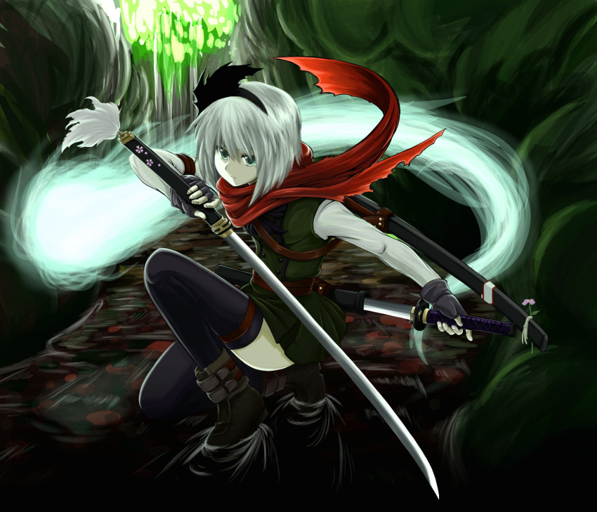 1girl ankle_boots aqua_eyes belt boots expressionless fingerless_gloves fingernails forest gloves hair_ribbon hand_on_hilt highres katana knee_up konpaku_youmu konpaku_youmu_(ghost) long_sleeves looking_at_viewer m.m nature outdoors reverse_grip ribbon scabbard scarf sheath short_hair silver_hair skirt skirt_set solo squatting stream sword thighhighs touhou unsheathing wakizashi weapon wind_lift