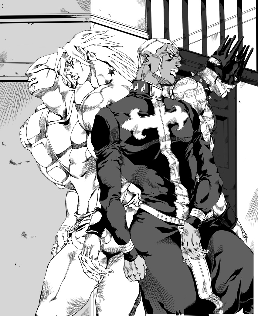 4boys absurdres birthmark dark_skin dio_brando enrico_pucci greyscale highres jack-ddd-no13 jojo_no_kimyou_na_bouken monochrome multiple_boys official_style star the_world whitesnake_(stand)