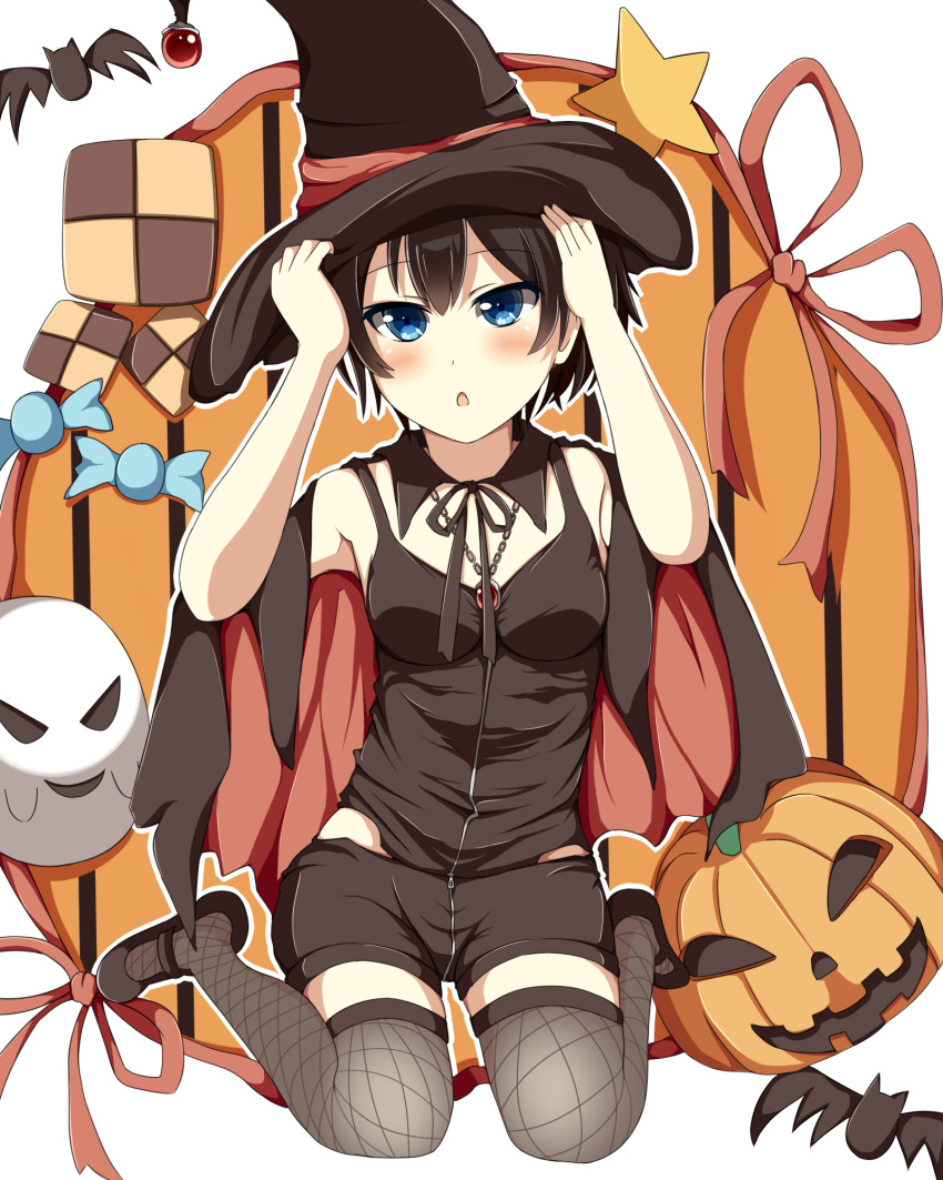 1girl 96neko96 adjusting_clothes adjusting_hat alternate_costume bat blue_eyes blush breasts brown_hair candy cape fishnet_legwear fishnets ghost halloween hat highres jack-o'-lantern jewelry kaga_(kantai_collection) kantai_collection necklace open_mouth short_hair shorts side_ponytail solo thighhighs witch_hat