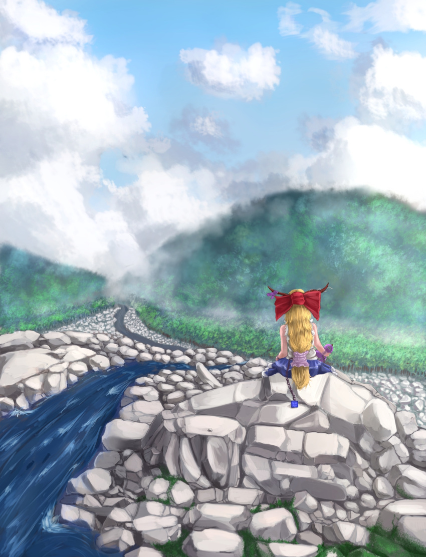 1girl blonde_hair blue_sky bow chain chaki_(emeraldia) clouds cube forest from_behind gourd grass hair_bow highres horn_ribbon horns ibuki_suika long_hair low-tied_long_hair mountain nature outdoors ribbon rock sitting skirt sky sleeveless sleeveless_shirt solo stream touhou