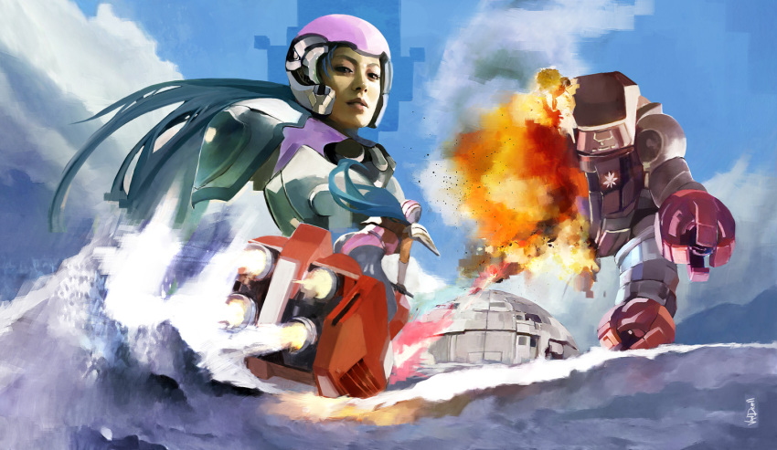 1girl battle blue_hair bodysuit burning_force clouds damaged dual_persona explosion firing helmet hover_bike lips long_hair looking_at_viewer mecha military military_vehicle mountain realistic riding robot science_fiction shoulder_pads signature tank tengenji_hiromi vandrell vehicle