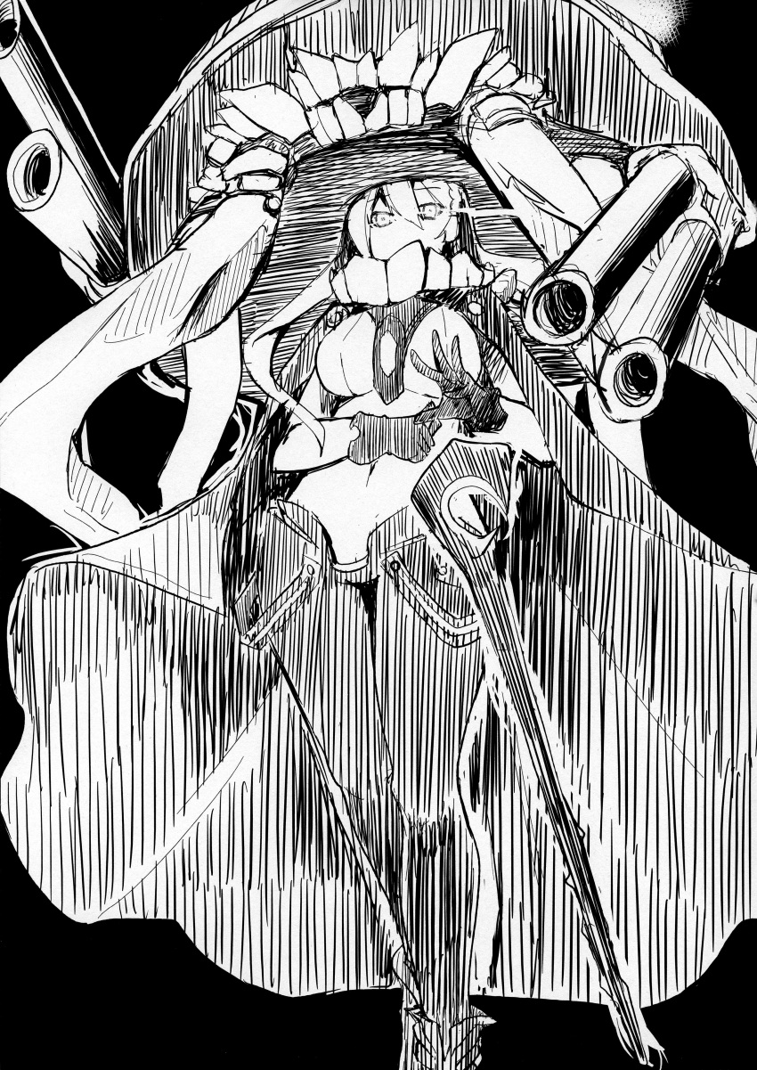 1girl absurdres breasts cannon cape gloves glowing glowing_eye headgear highres kantai_collection long_hair monochrome monster personification ryou scan shinkaisei-kan solo wo-class_aircraft_carrier