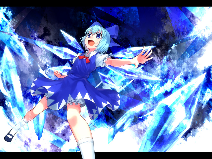 1girl bloomers blue_background blue_eyes blue_hair bow cirno clenched_hand dress gradient gradient_background hair_bow highres ice_crystal letterboxed looking_away looking_up mary_janes mikan_(ama_no_hakoniwa) open_hand open_mouth outstretched_arm ribbon shoes short_hair short_sleeves socks solo touhou underwear wings