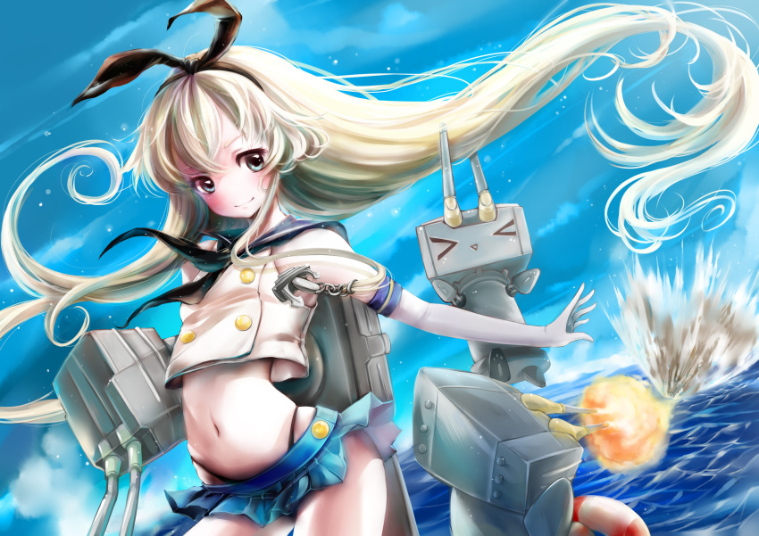 &gt;_&lt; 1girl absurdres anchor black_panties blonde_hair blue_eyes blush elbow_gloves gloves hair_ornament hairband highres kantai_collection long_hair navel panties personification rensouhou-chan sailor_collar shimakaze_(kantai_collection) skirt sleeveless solo underwear white_gloves