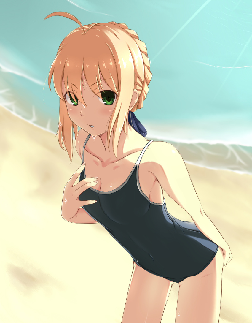 1girl absurdres ahoge bare_shoulders beach blonde_hair blush breasts centon_(736023681) cleavage clothed_navel fate/stay_night fate_(series) green_eyes hair_ribbon highres ocean one-piece_swimsuit ribbon saber solo swimsuit water wet