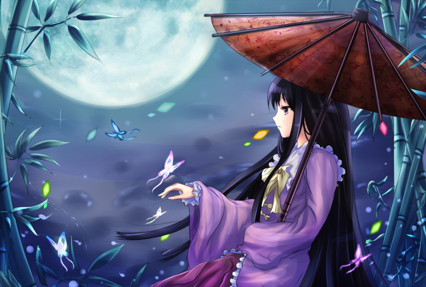 1girl bamboo bamboo_forest black_hair bow butterfly forest full_moon houraisan_kaguya long_hair long_sleeves moon nature night oriental_umbrella sky solo touhou umbrella very_long_hair violet_eyes white_crow wide_sleeves