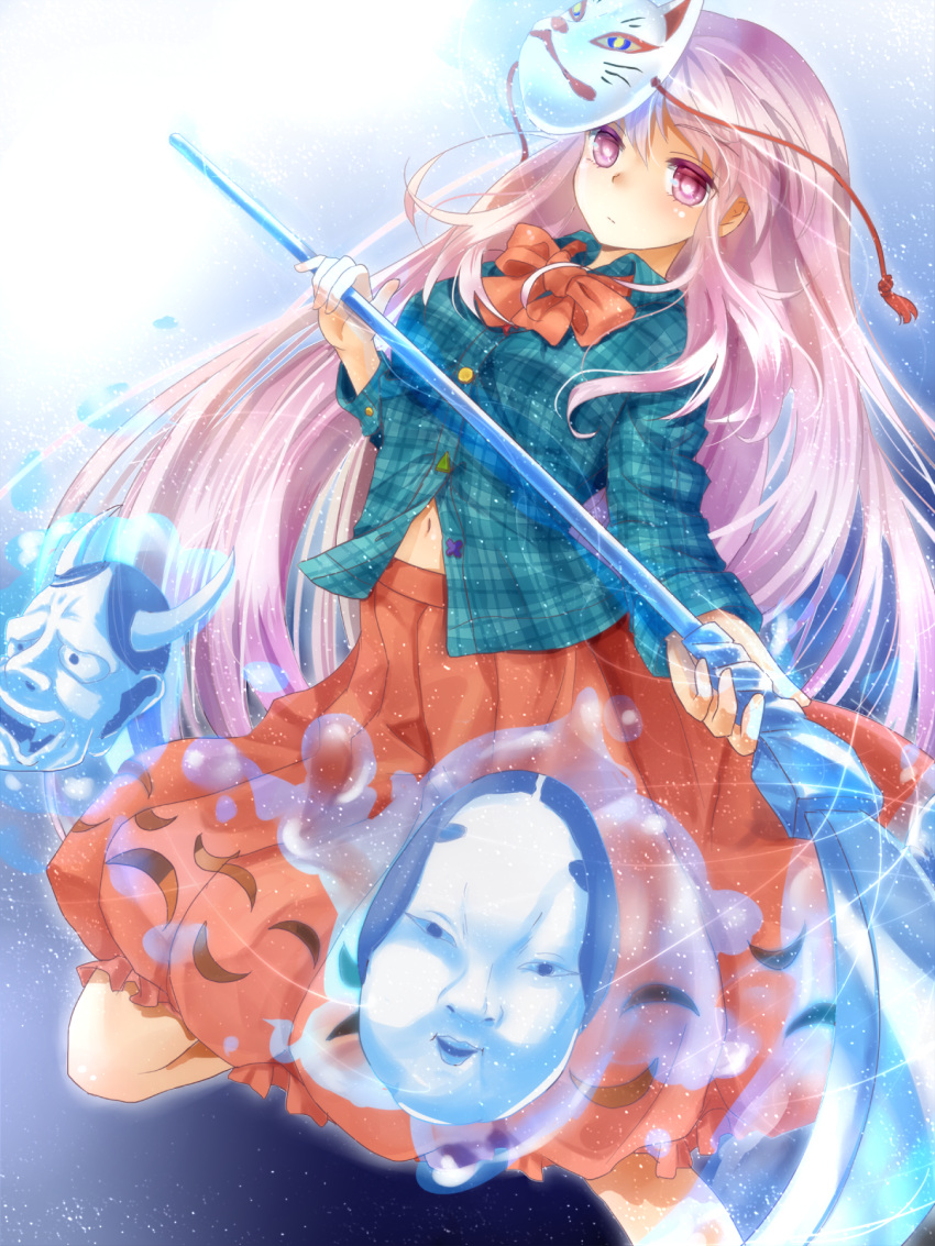 1girl bow hata_no_kokoro highres long_hair mask navel pink_eyes pink_hair plaid plaid_shirt polearm shironeko_yuuki skirt solo touhou weapon